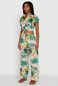 Womens Spoon Jeans Floral Print Tie Front Cropped Shirt, Multi, Size S