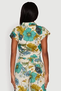 Womens Spoon Jeans Floral Print Tie Front Cropped Shirt, Multi, Size S