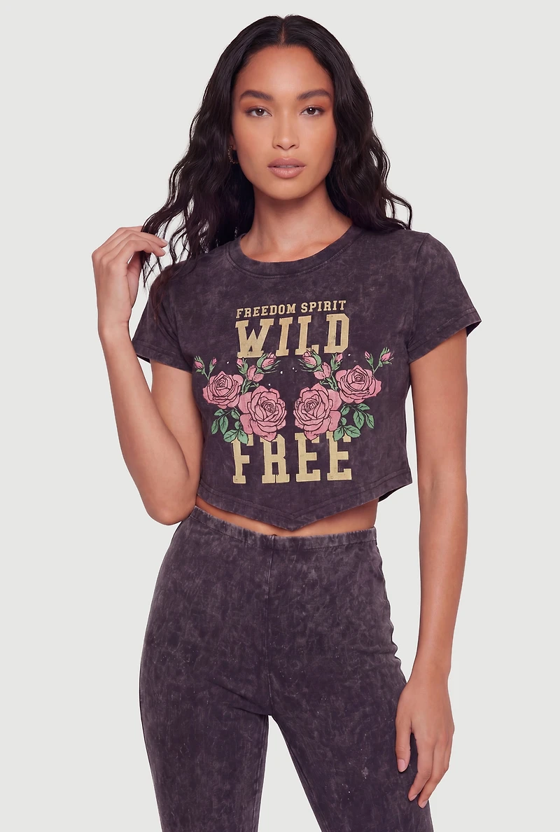 Acid Wash Rock and Roll Graphic Short Sleeve Crop Top