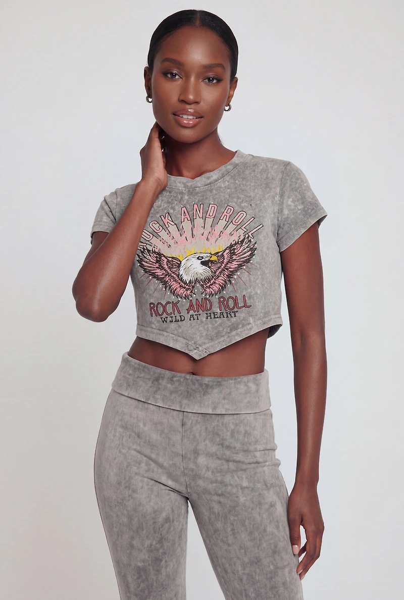 Acid Wash Rock and Roll Graphic Short Sleeve Crop Top