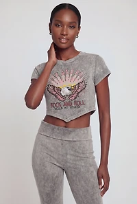 Acid Wash Rock and Roll Graphic Short Sleeve Crop Top