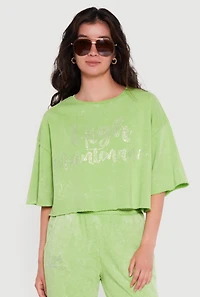 Rhinestone Graphic Raw Hem Short Sleeve Sweatshirt