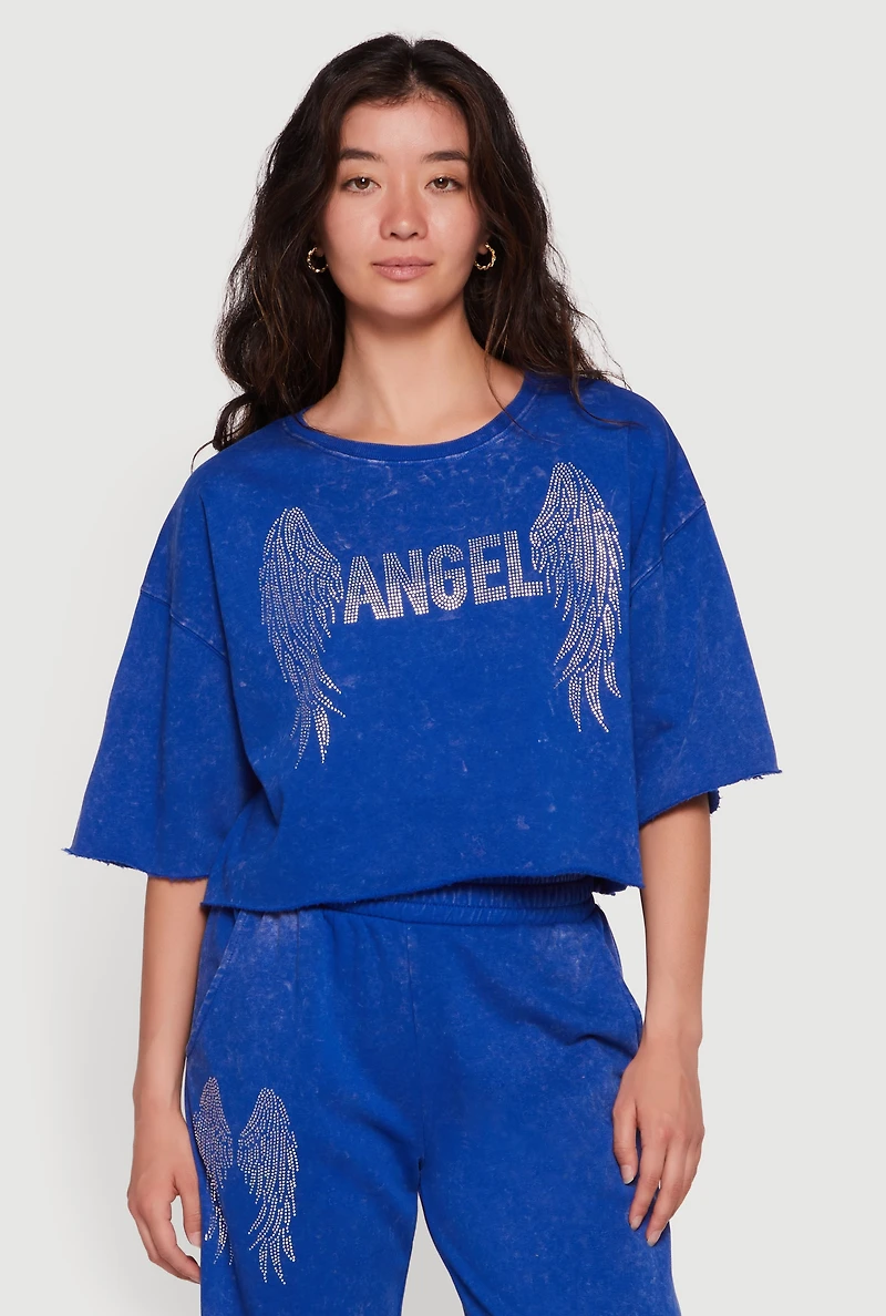 Rhinestone Graphic Raw Hem Short Sleeve Sweatshirt