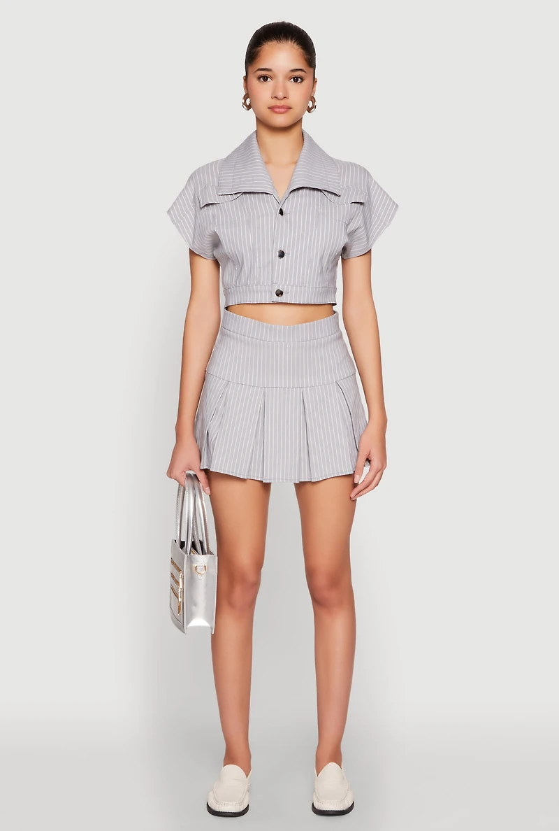 Womens Hyperstretch Pinstripe Short Sleeve Cropped Jacket, Grey, Size M