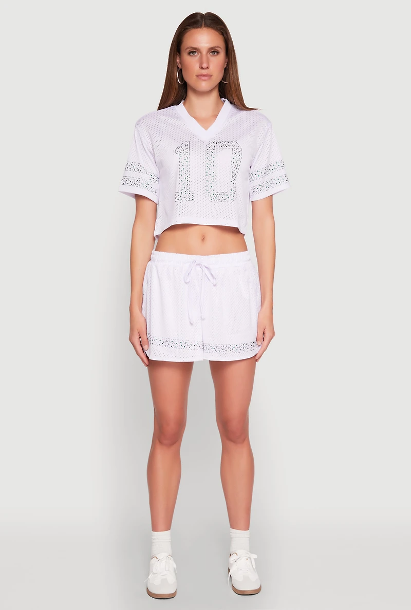 Womens Rhinestone Stripe Shorts, White, Size L