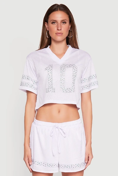 Womens Rhinestone Varsity Stripe Mesh Jersey, White, Size XL