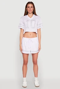 Womens Rhinestone Varsity Stripe Mesh Jersey, White,
