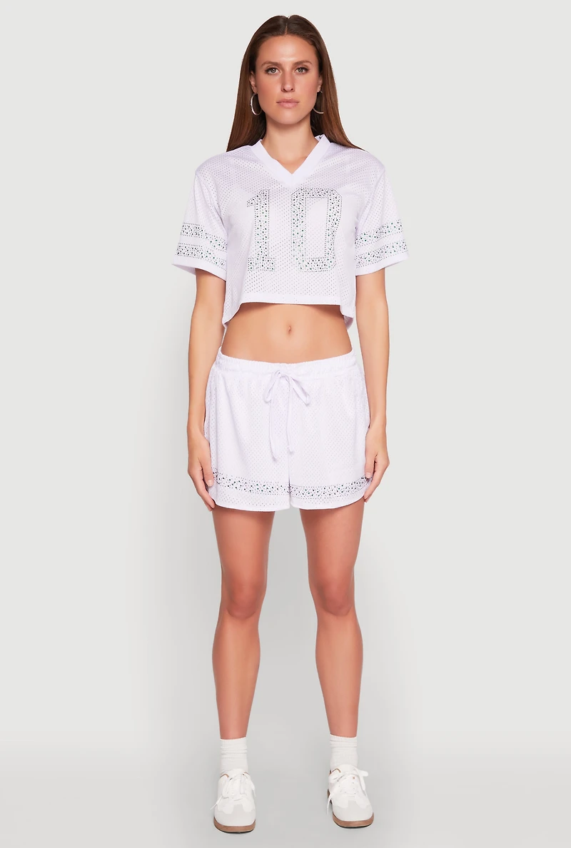 Womens Rhinestone Varsity Stripe Mesh Jersey, White, Size XL