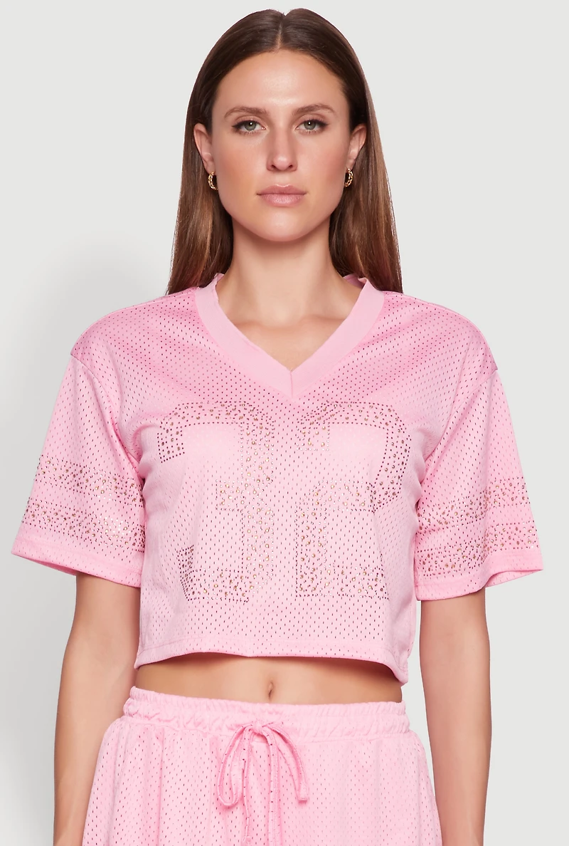 Womens Rhinestone Varsity Stripe Mesh Jersey, Pink, Size XL