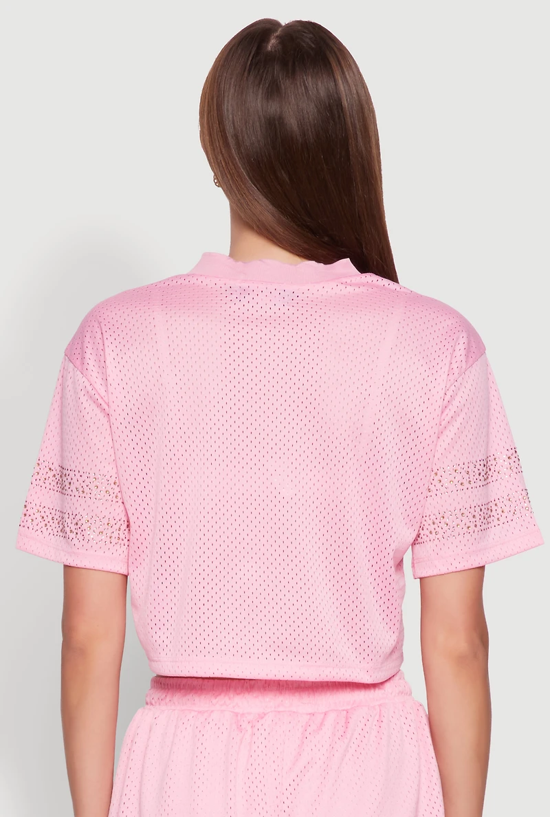 Womens Rhinestone Varsity Stripe Mesh Jersey, Pink, Size L