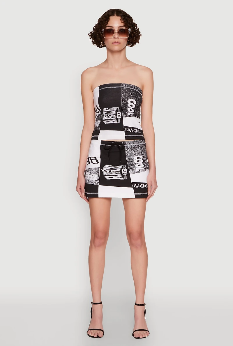 Womens Race Day Patchwork Print Mini Skirt with Drawstring Waist, Multi, Size L