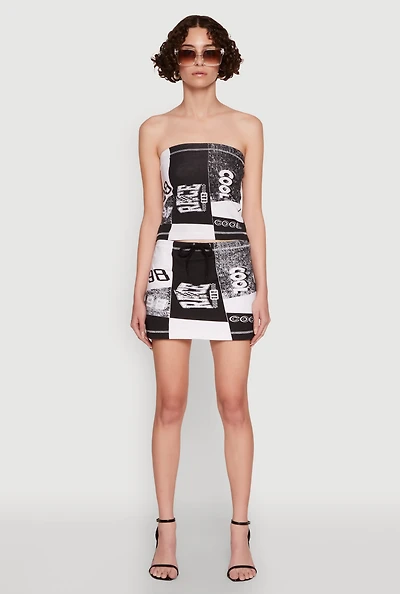 Womens Race Day Patchwork Print Mini Skirt with Drawstring Waist, Multi, Size L