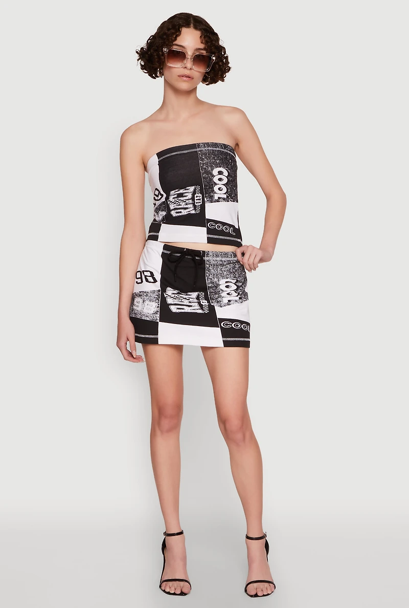 Womens Race Day Patchwork Print Mini Skirt with Drawstring Waist, Multi,