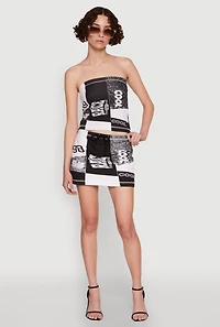 Womens Race Day Patchwork Print Mini Skirt with Drawstring Waist, Multi,