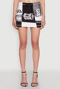 Womens Race Day Patchwork Print Mini Skirt with Drawstring Waist, Multi, Size L