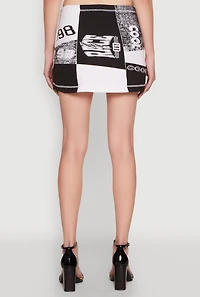 Womens Race Day Patchwork Print Mini Skirt with Drawstring Waist, Multi, Size L