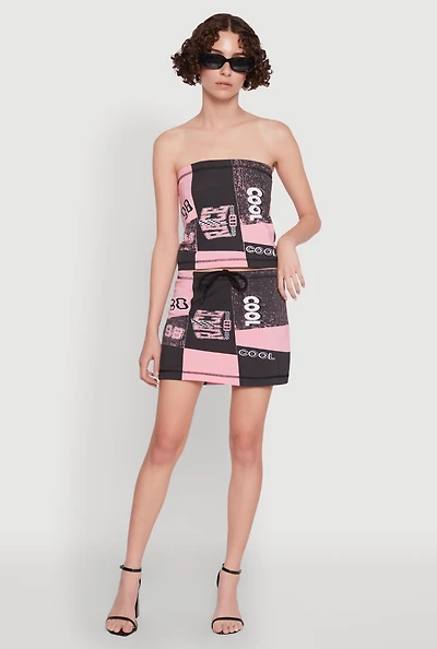 Womens Race Day Patchwork Print Mini Skirt with Drawstring Waist, Multi, Size XL