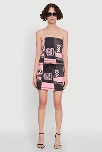 Womens Race Day Patchwork Print Mini Skirt with Drawstring Waist, Multi,