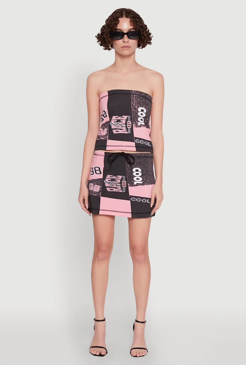 Womens Race Day Patchwork Print Mini Skirt with Drawstring Waist, Multi, Size S