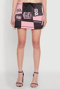 Womens Race Day Patchwork Print Mini Skirt with Drawstring Waist, Multi,