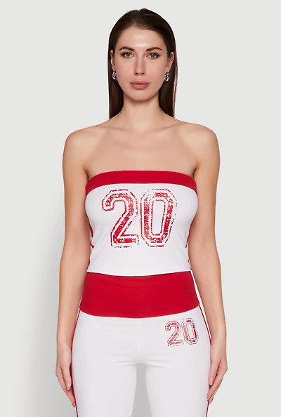 Womens Varsity Stripe Graphic Print Tube Top, Red,