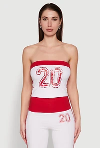 Womens Varsity Stripe Graphic Print Tube Top, Red,