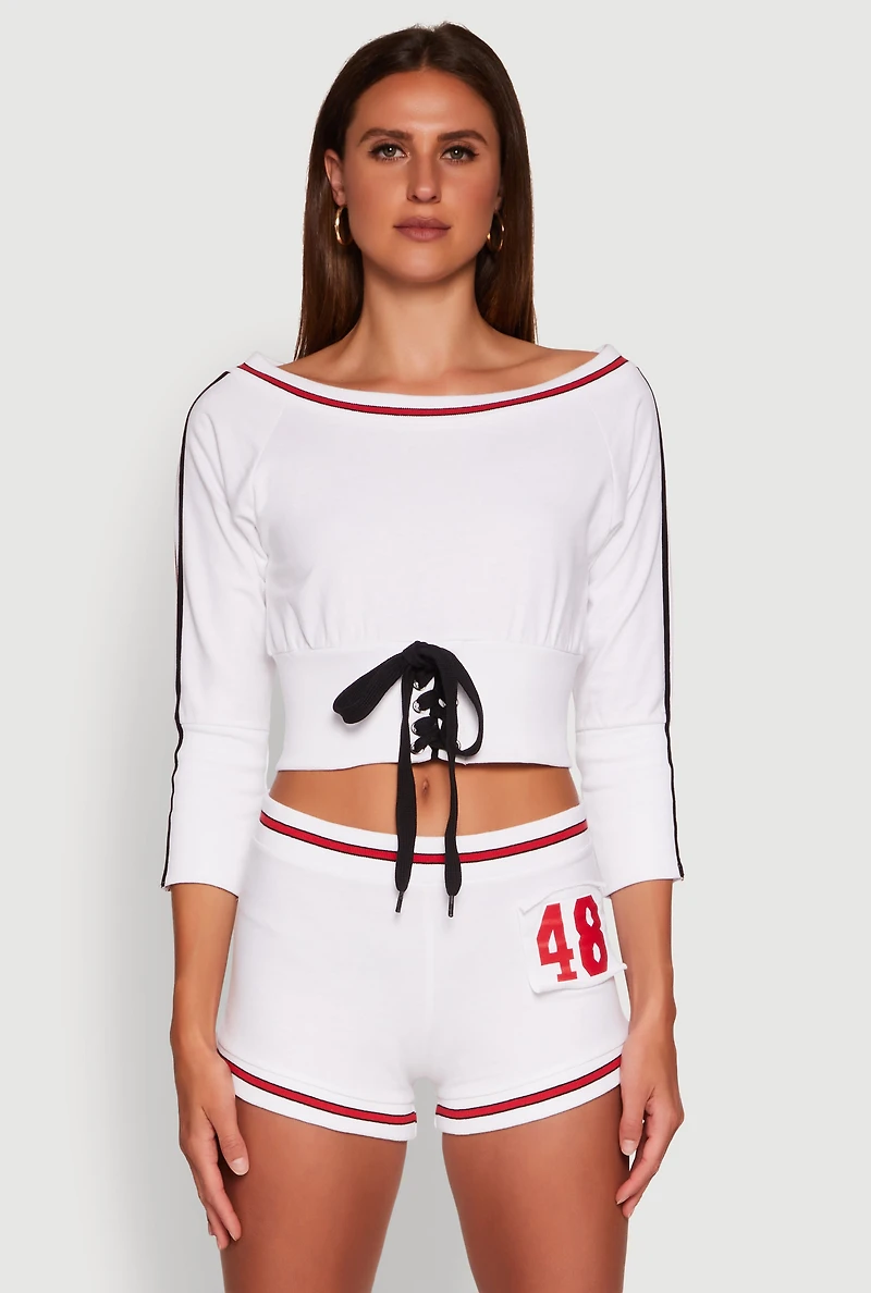Trendy French Terry 48 Graphic Varsity Stripe Crop Sweatshirt