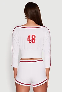 Womens Trendy French Terry 48 Graphic Varsity Stripe Crop Sweatshirt, White, Size M