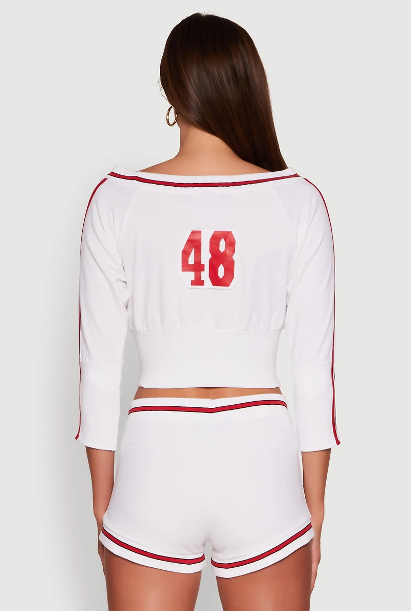 Womens Trendy French Terry 48 Graphic Varsity Stripe Crop Sweatshirt, White, Size S
