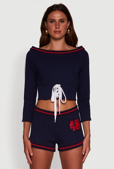 Womens Trendy French Terry 48 Graphic Varsity Stripe Crop Sweatshirt,
