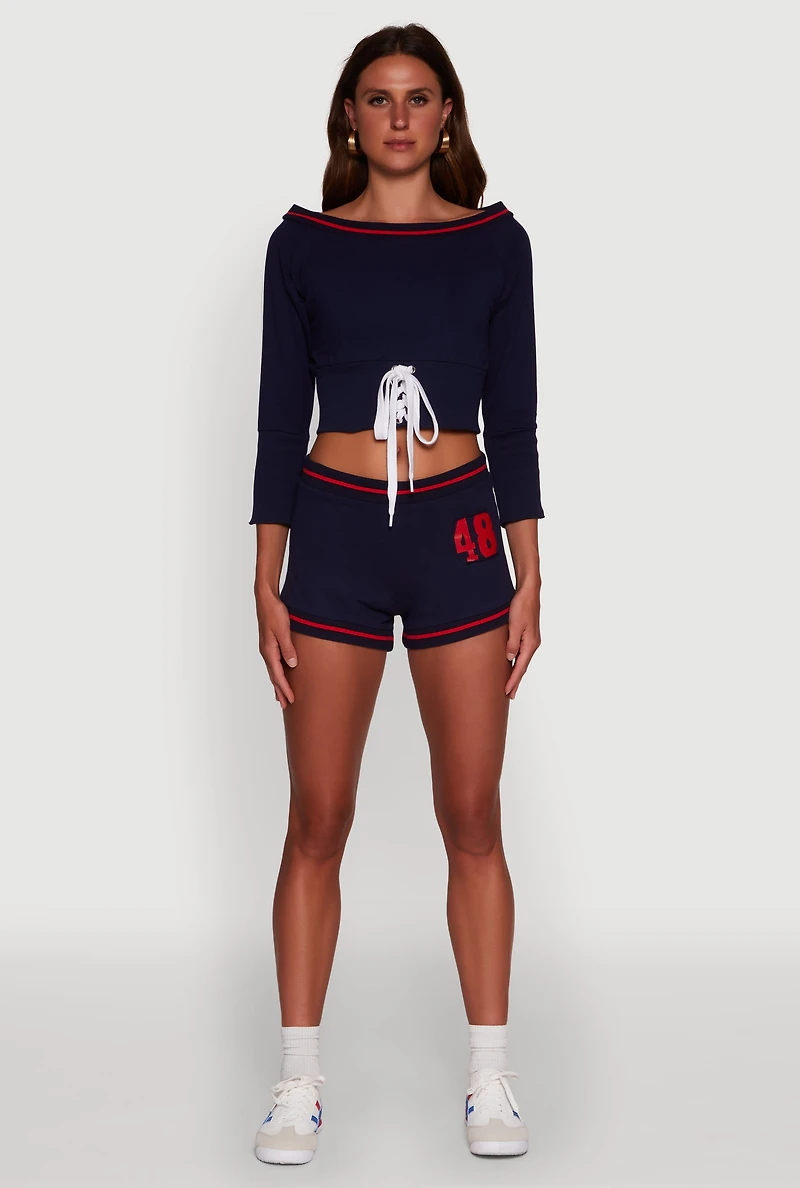 Trendy French Terry 48 Graphic Varsity Stripe Crop Sweatshirt