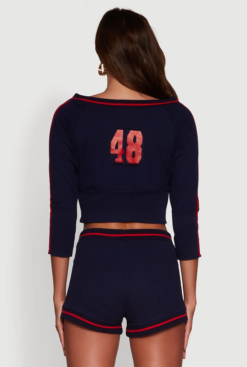 Womens Trendy French Terry 48 Graphic Varsity Stripe Crop Sweatshirt, Blue, Size L