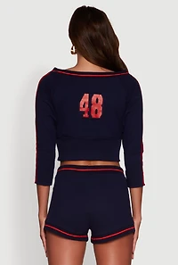 Womens Trendy French Terry 48 Graphic Varsity Stripe Crop Sweatshirt, Blue, Size M