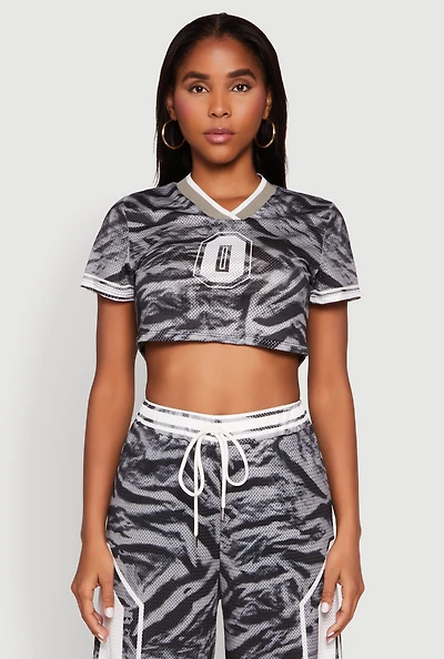 Womens Graphic Zebra Print Cropped Football Jersey, Grey, Size M