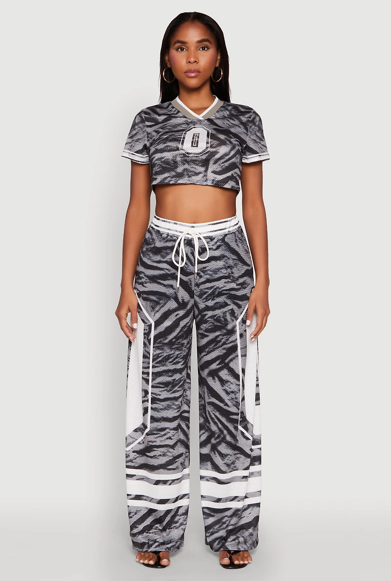 Womens Graphic Zebra Print Cropped Football Jersey, Grey, Size L