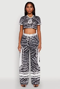 Womens Graphic Zebra Print Cropped Football Jersey, Grey, Size L