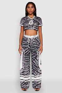 Womens Graphic Zebra Print Cropped Football Jersey, Grey, Size L
