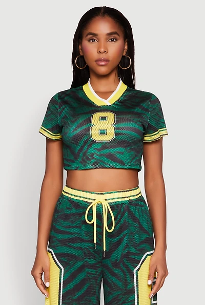 Womens Graphic Zebra Print Cropped Football Jersey, Green, Size M