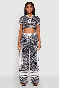 Womens Jersey Mesh Graphic Zebra Print Wide Leg Pants, Grey,