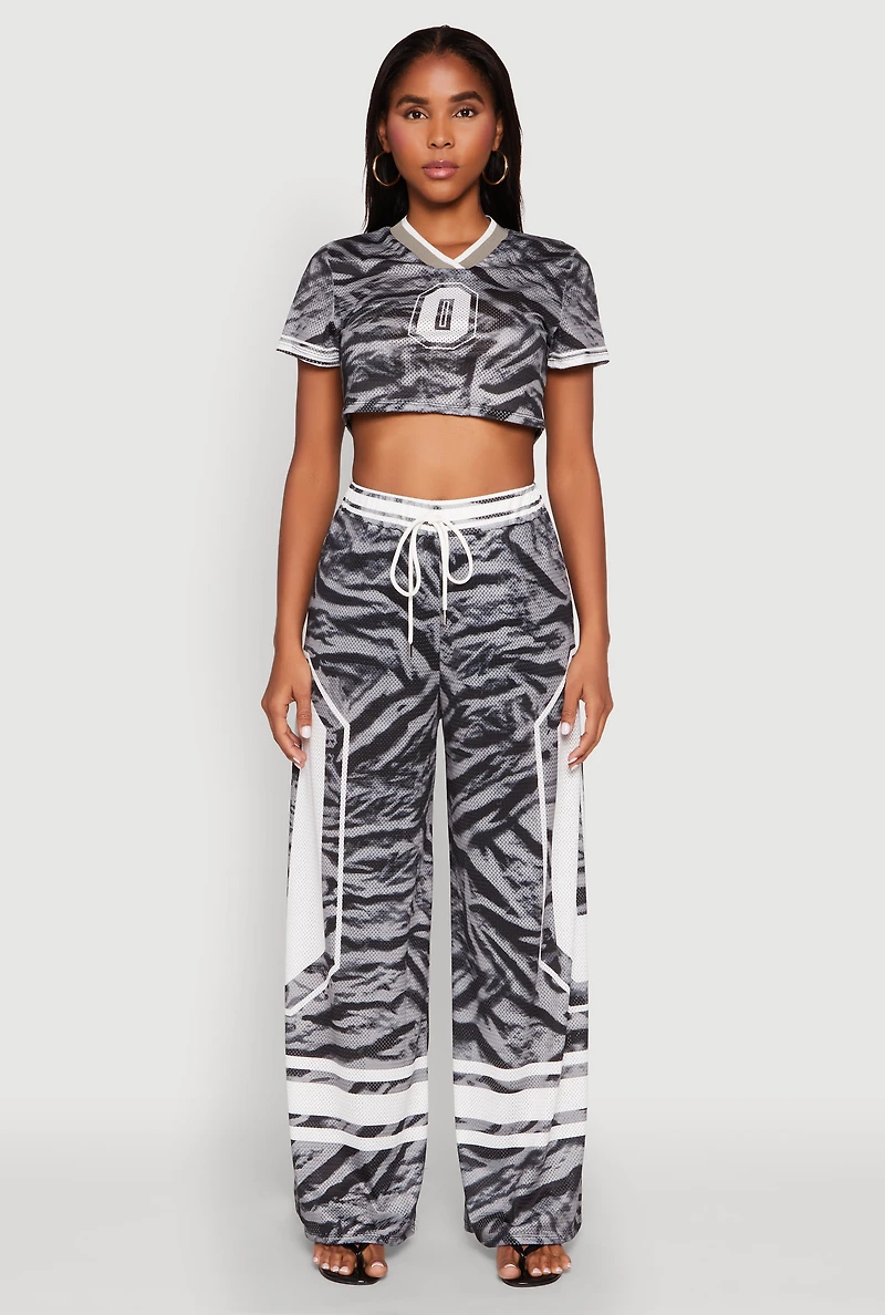 Womens Jersey Mesh Graphic Zebra Print Wide Leg Pants, Grey, Size M