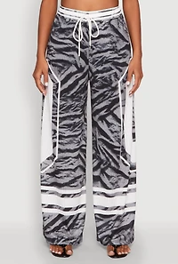 Womens Jersey Mesh Graphic Zebra Print Wide Leg Pants, Grey,