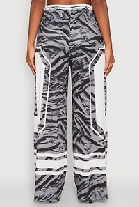 Womens Jersey Mesh Graphic Zebra Print Wide Leg Pants, Grey,