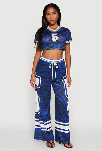 Womens Jersey Mesh Graphic Zebra Print Wide Leg Pants, Blue, Size L