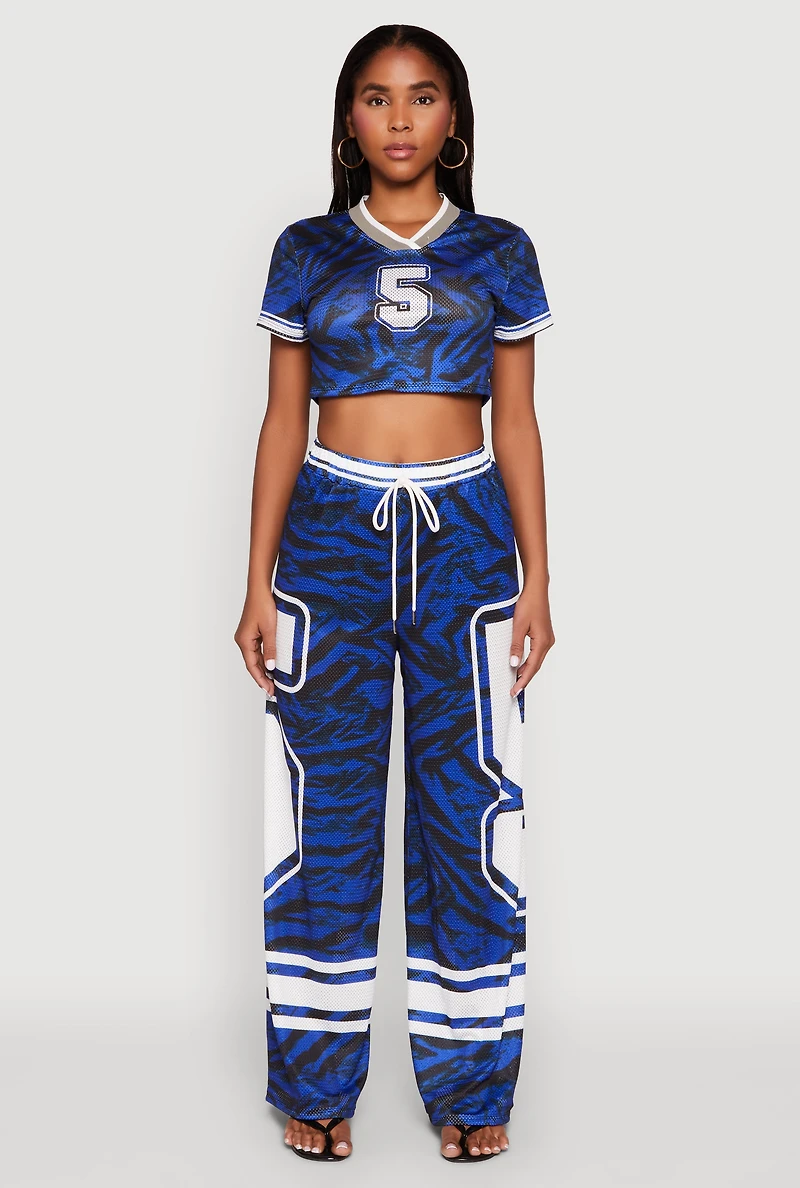 Womens Jersey Mesh Graphic Zebra Print Wide Leg Pants, Blue, Size L