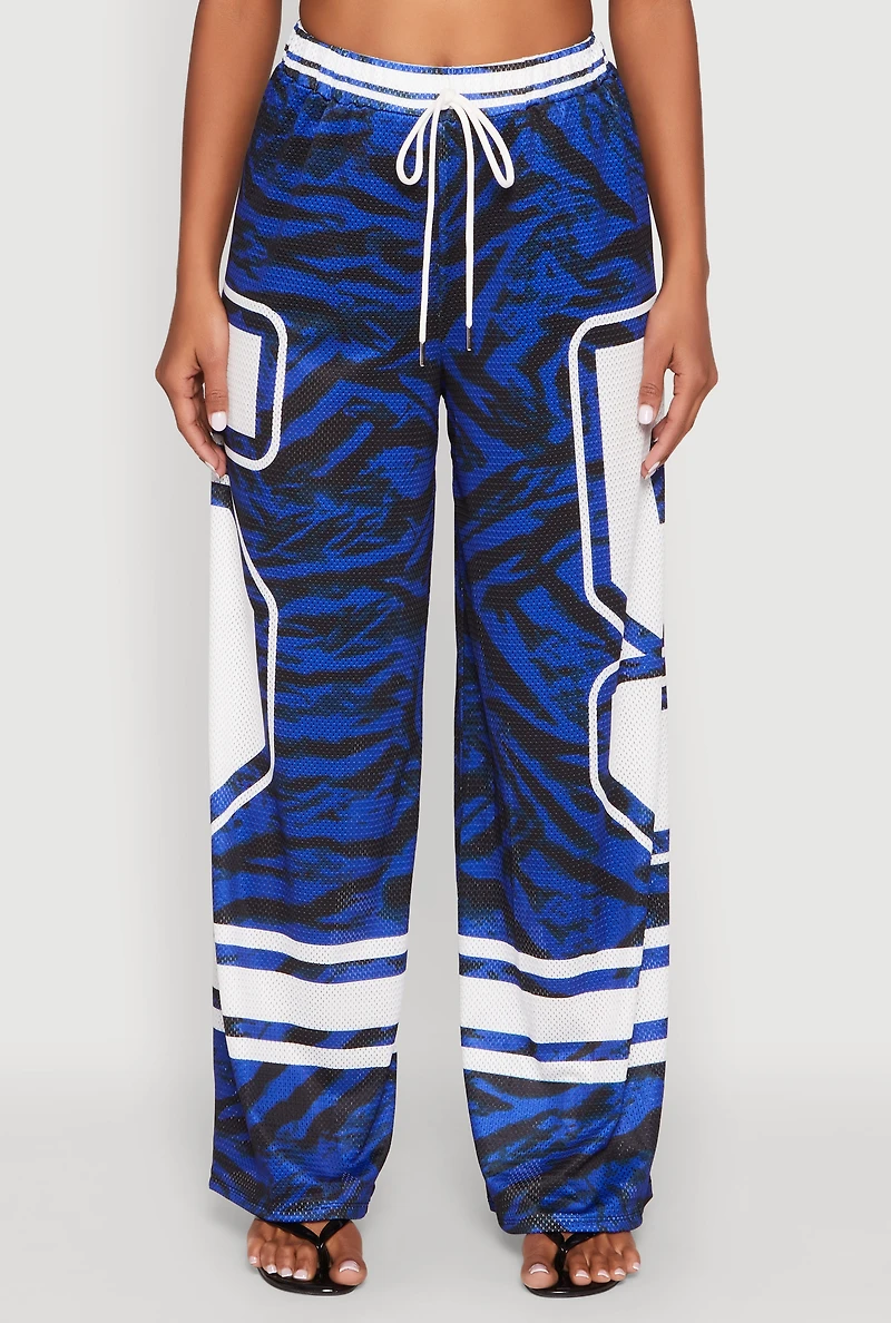 Womens Jersey Mesh Graphic Zebra Print Wide Leg Pants, Blue, Size L