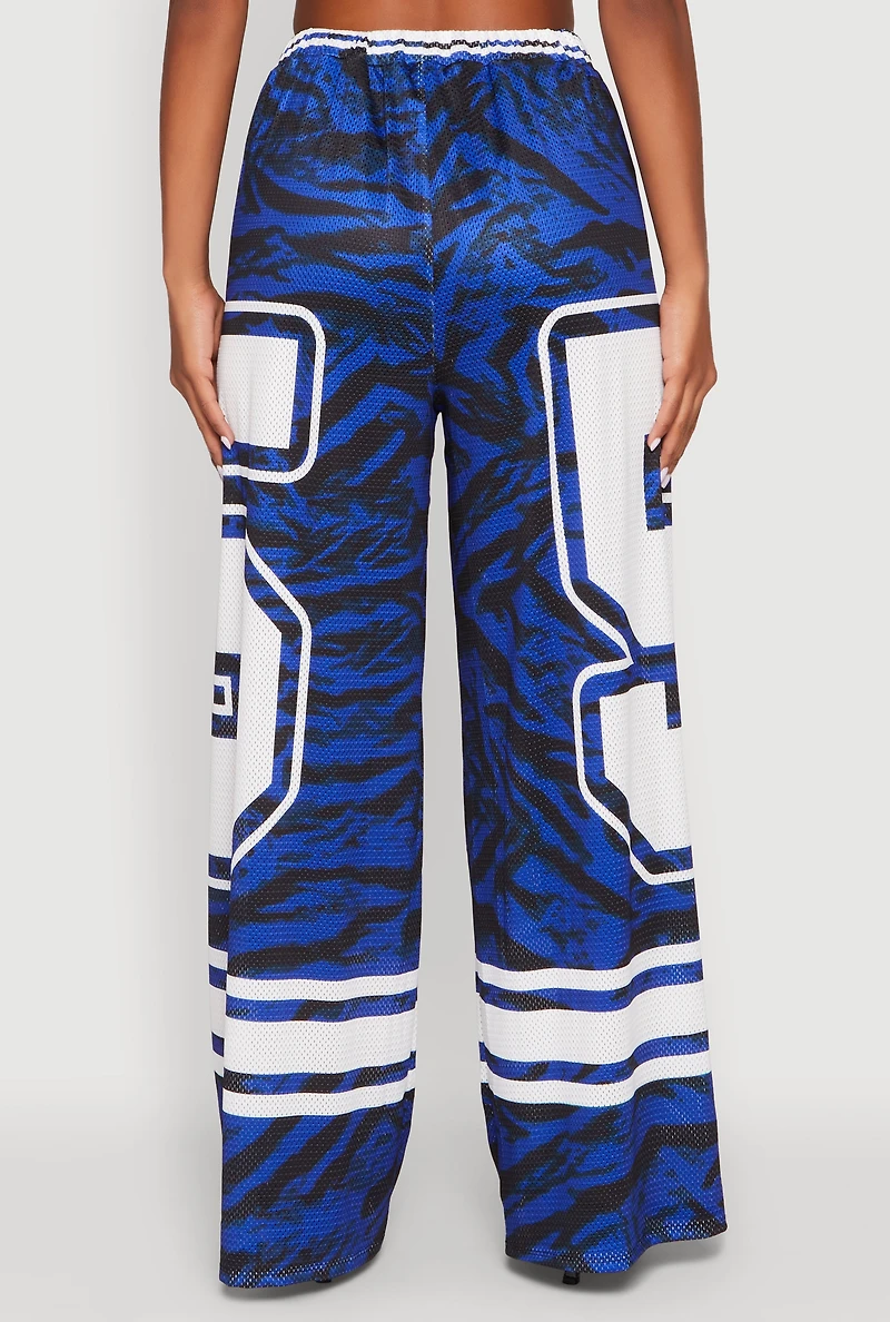 Womens Jersey Mesh Graphic Zebra Print Wide Leg Pants, Blue, Size S
