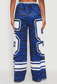 Womens Jersey Mesh Graphic Zebra Print Wide Leg Pants, Blue, Size S