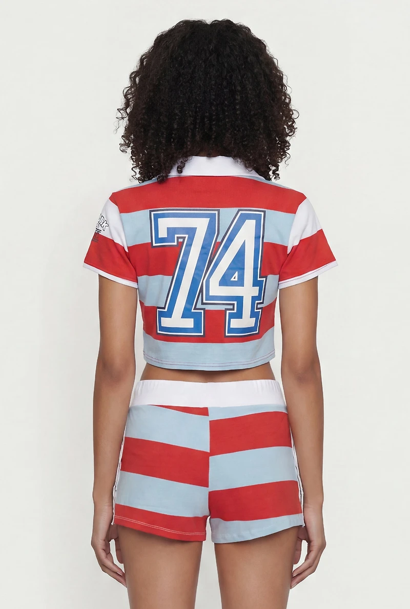 Striped Graphic Cropped Polo Top with Lace Up Detail