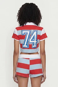 Striped Graphic Cropped Polo Top with Lace Up Detail