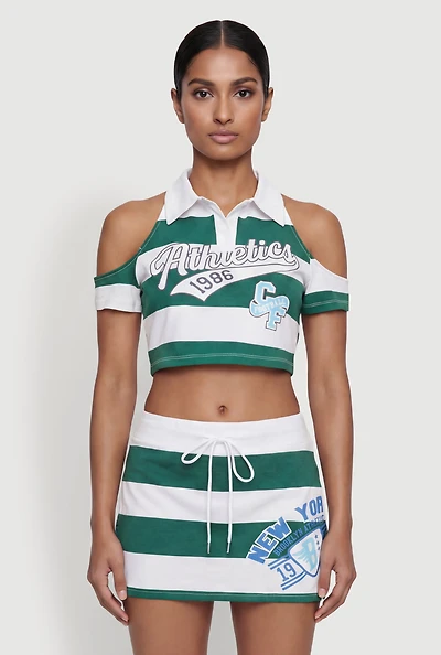 Graphic Striped Cold Shoulder Polo Crop Top